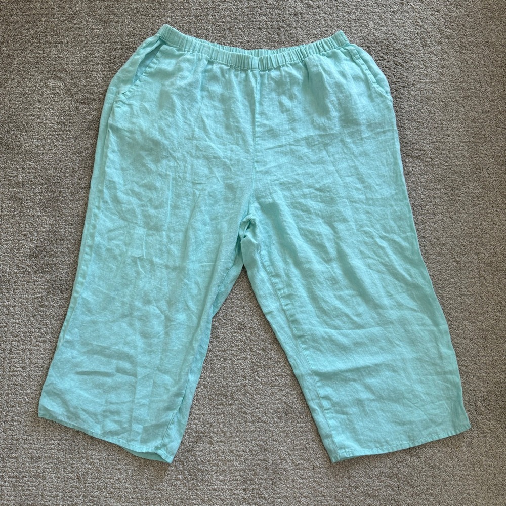 FLAX Large Aqua Blue Linen 2 Piece Set Top Pants Coastal Lagenlook Beach Summer - Picture 9 of 16